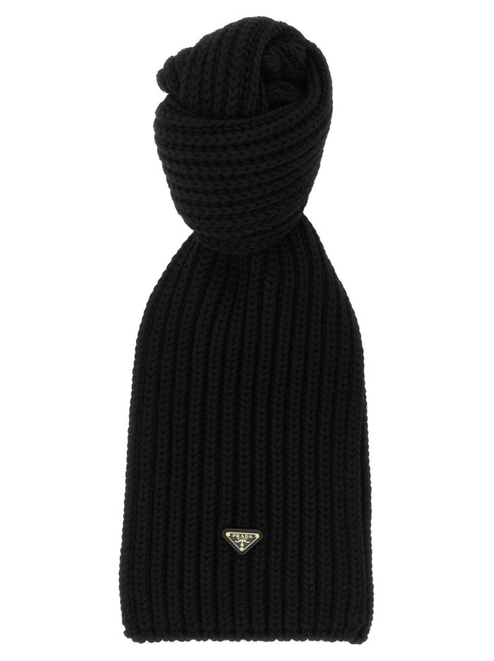 prada ribbed wool scarf with logo PRADA Ribbed Wool Scarf With Logo