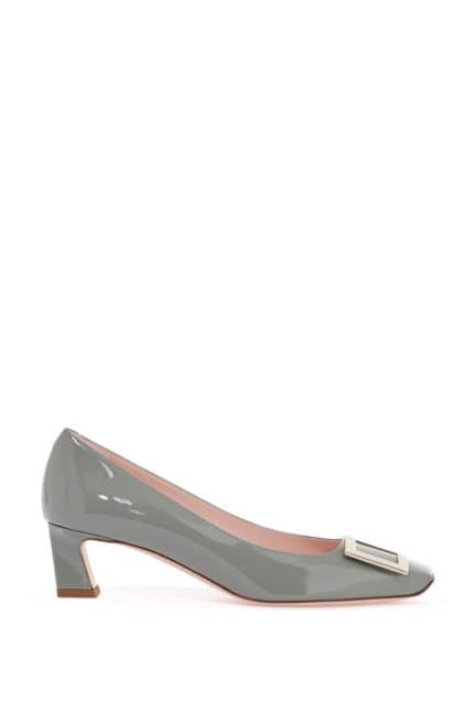 ROGER VIVIER Glossy Grey Calfskin Pumps With Square Wide Heel