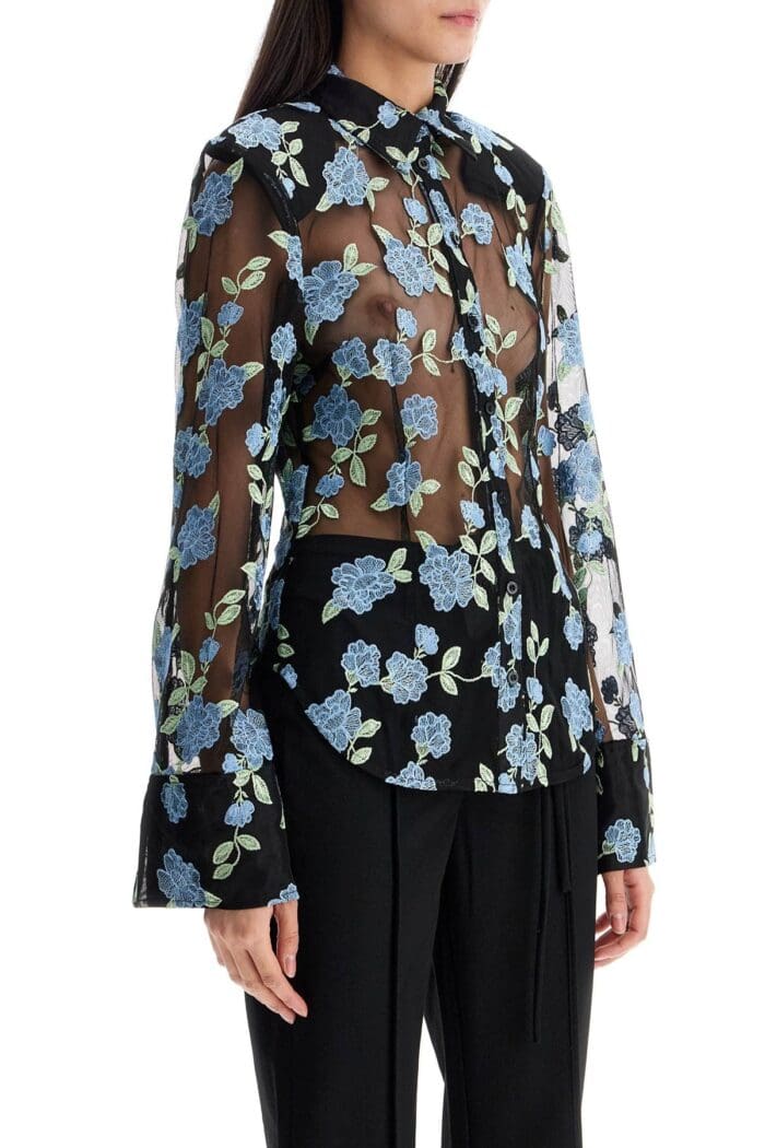 ROTATE Black Mesh Shirt With Floral Embroidery