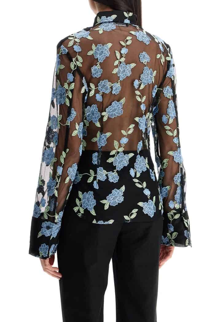 ROTATE Black Mesh Shirt With Floral Embroidery