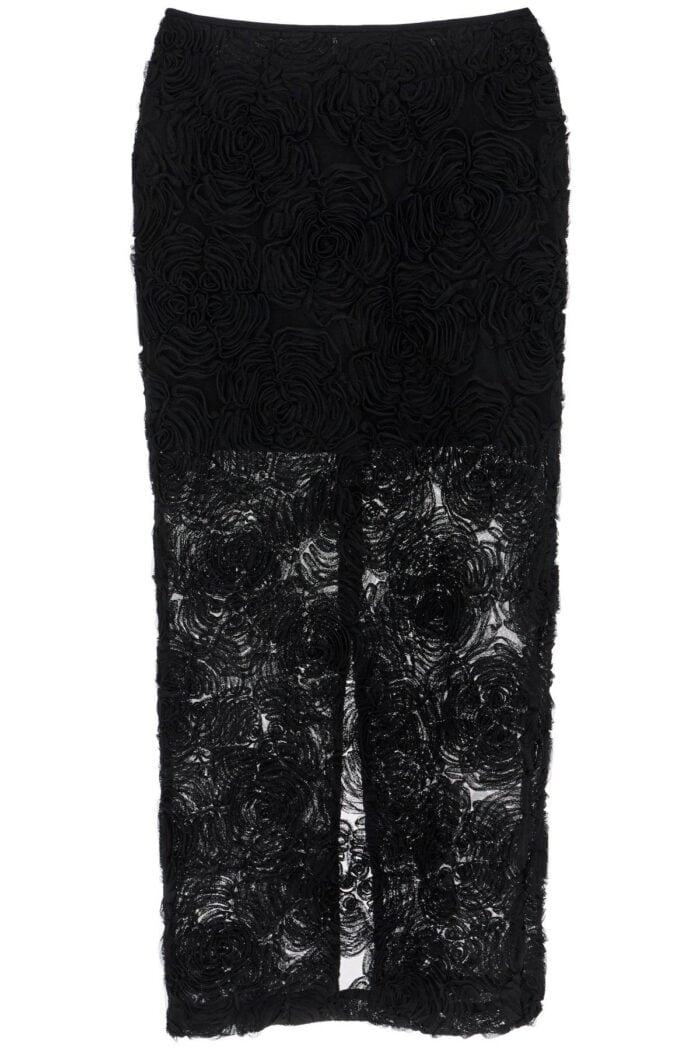 ROTATE Black Recycled Polyester Floral Mesh Pencil Skirt