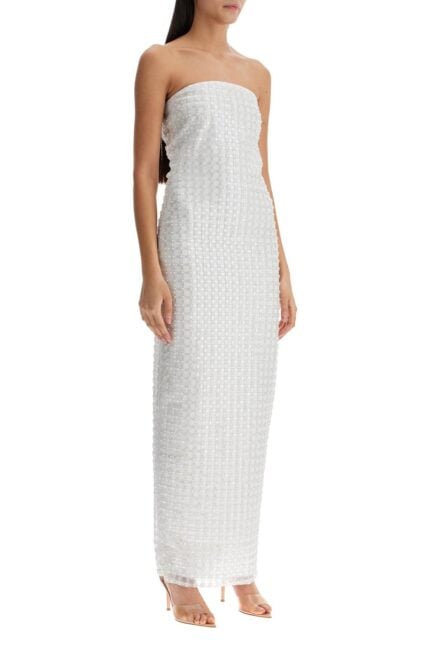 ROTATE Long White Cotton Bodycon Dress With Beads Strapless