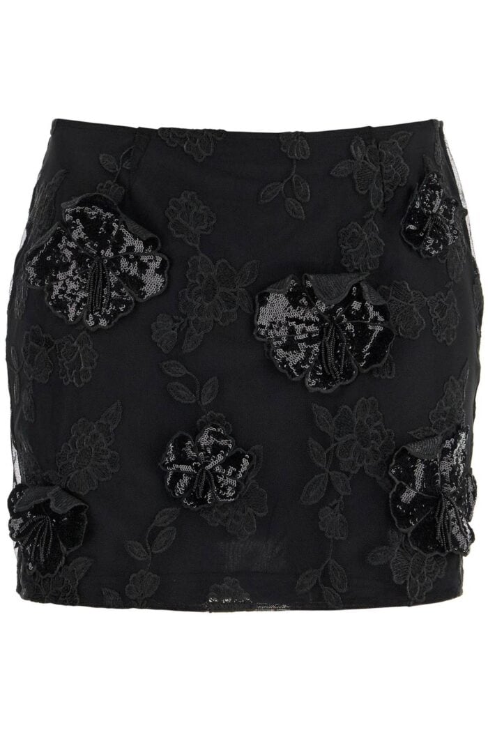 ROTATE Mini Skirt In Recycled Black Polyester Mesh With Floral Pattern