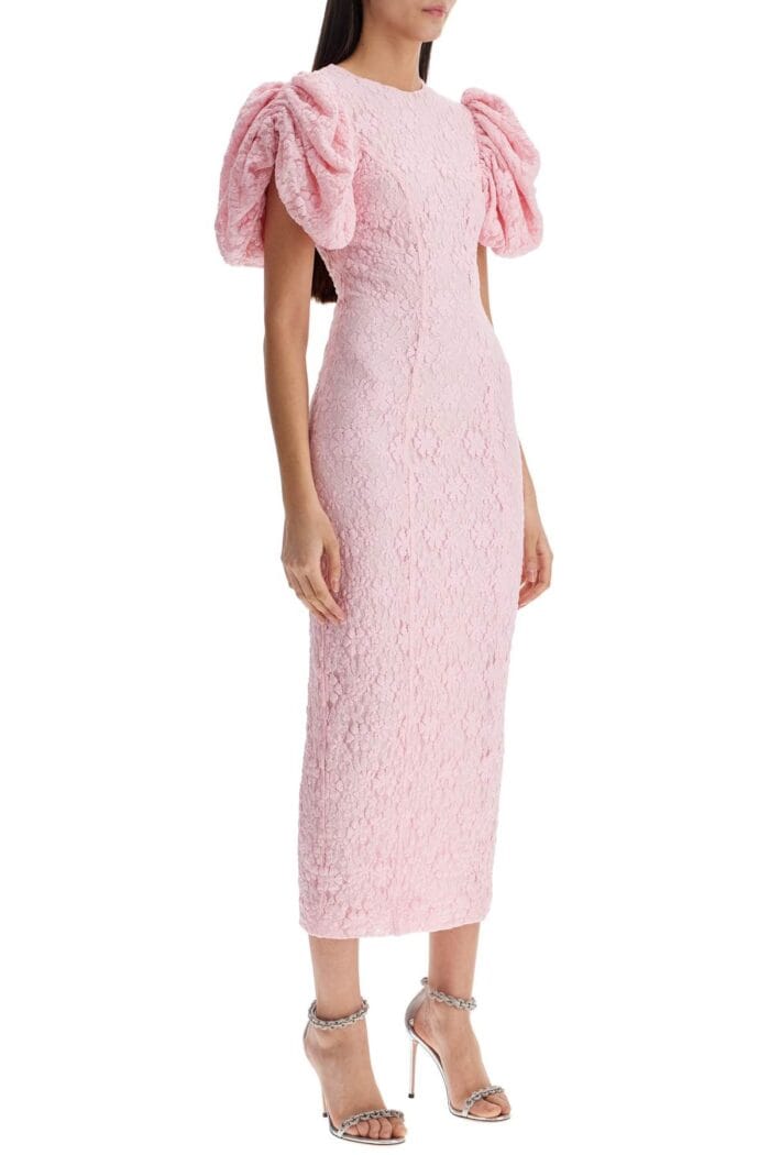 ROTATE Pink Floral Midi Dress With Puff Sleeves In Mixed Materials