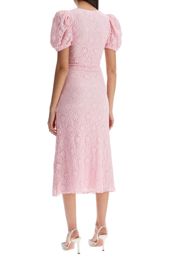 ROTATE Pink Lace Midi Dress With Puff Sleeves