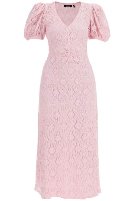 ROTATE Pink Lace Midi Dress With Puff Sleeves