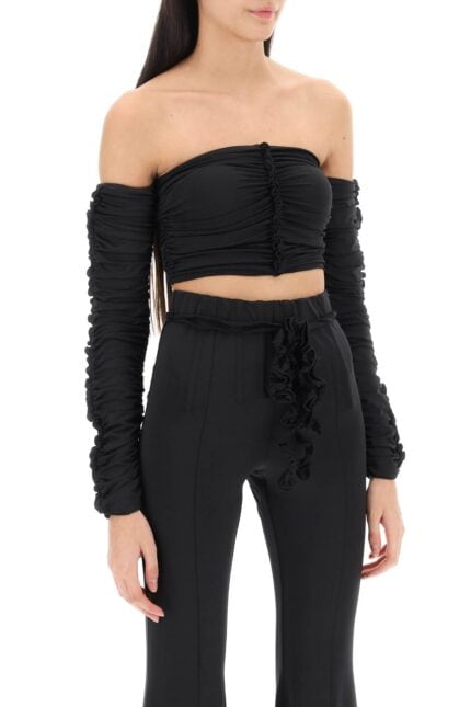 ROTATE Ruched Off-shoulder Cropped Top