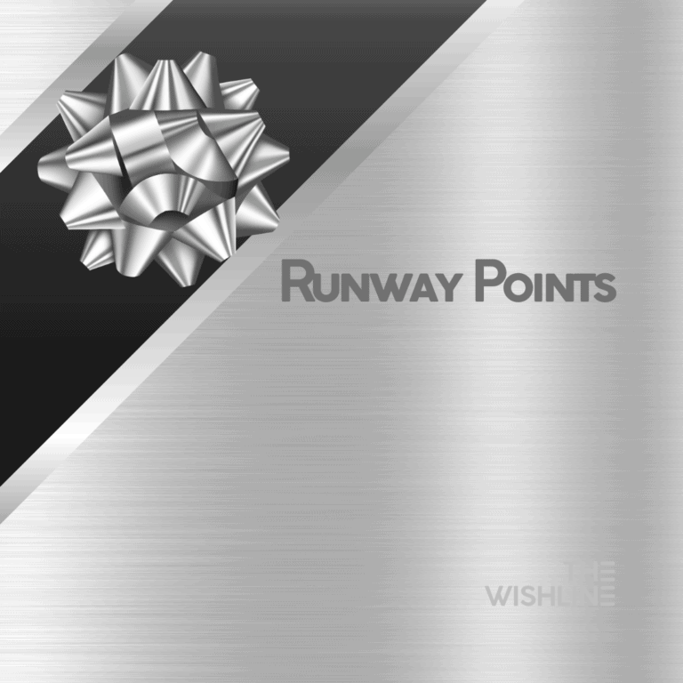 Runway Points loyalty program banner with a silver bow, part of THE WISHLINE's rewards program.