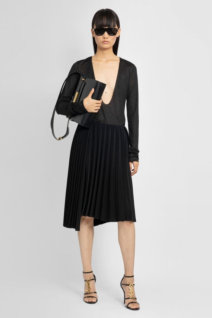 SAINT LAURENT Asymmetrical Pleated Mid Skirt In Crepe