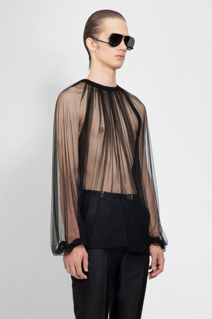 SAINT LAURENT Gathered Long Sleeve Top In Tulle