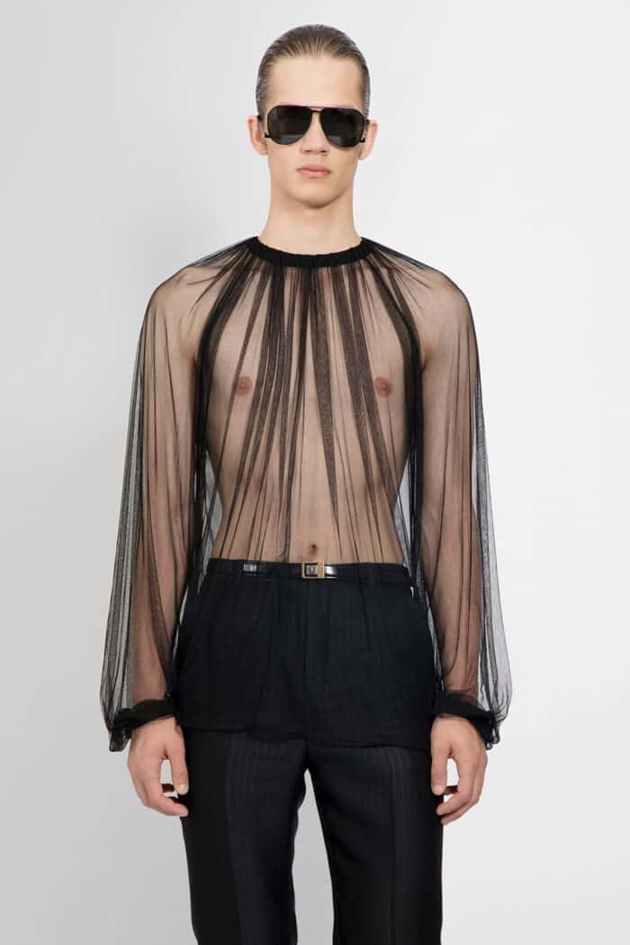 SAINT LAURENT Gathered Long Sleeve Top In Tulle