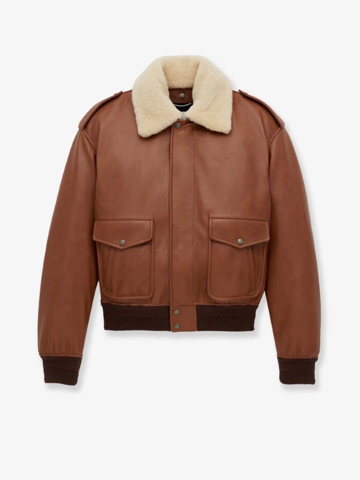 Saint Laurent Leather Bomber Jacket With Shearling Collar