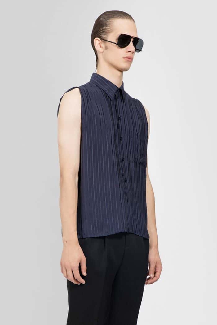 SAINT LAURENT Sleeveless Pocket Shirt In Matte And Shiny Striped Silk