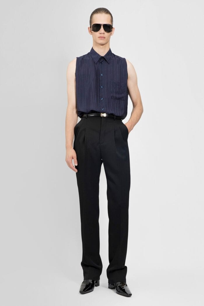 SAINT LAURENT Sleeveless Pocket Shirt In Matte And Shiny Striped Silk