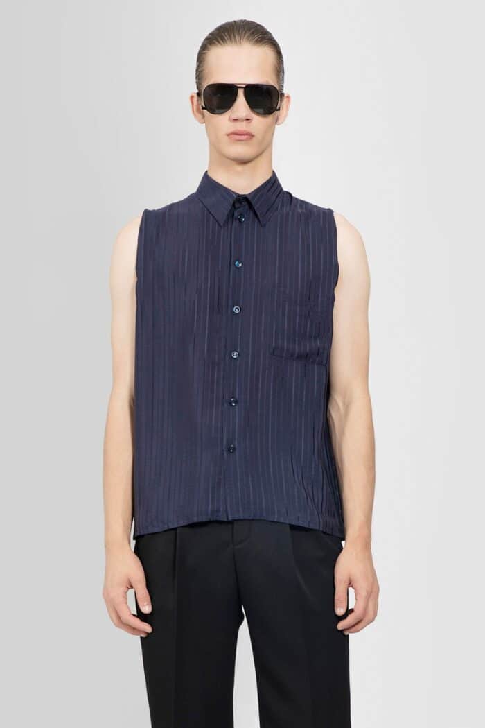 SAINT LAURENT Sleeveless Pocket Shirt In Matte And Shiny Striped Silk