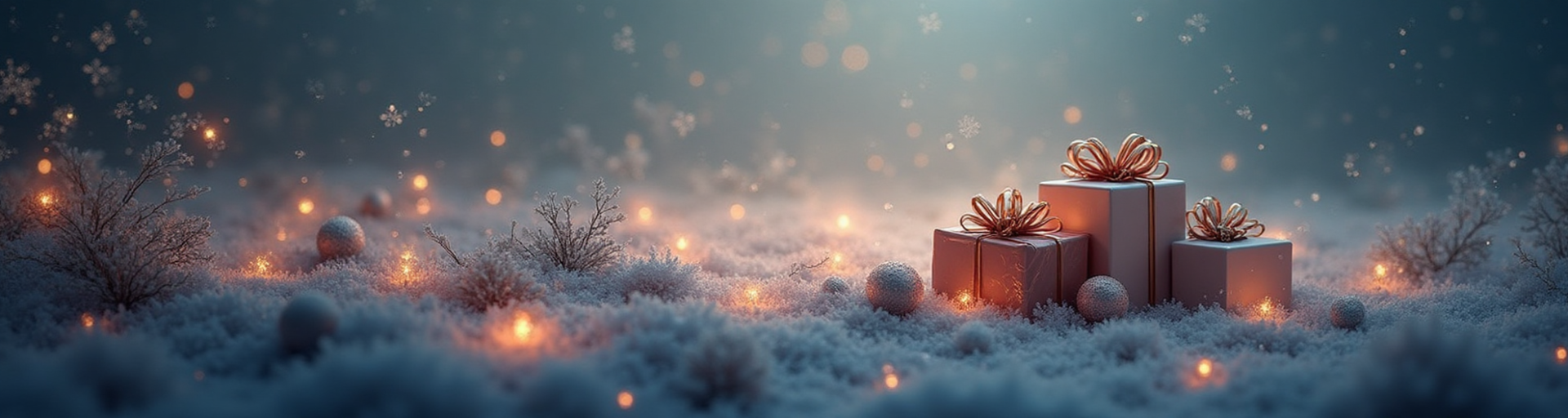 Luxury gift boxes with ribbons displayed on snow under warm festive lights, symbolizing THE WISHLINE Seasonal Offers for the holiday season.
