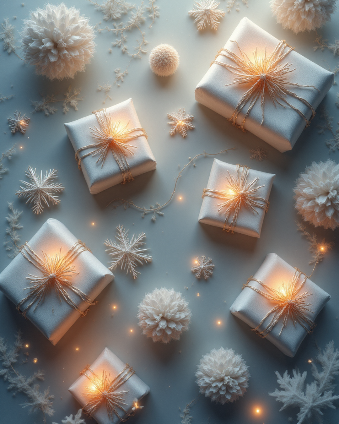 Luxury gift boxes with ribbons displayed on snow under warm festive lights, symbolizing THE WISHLINE Seasonal Offers for the holiday season.