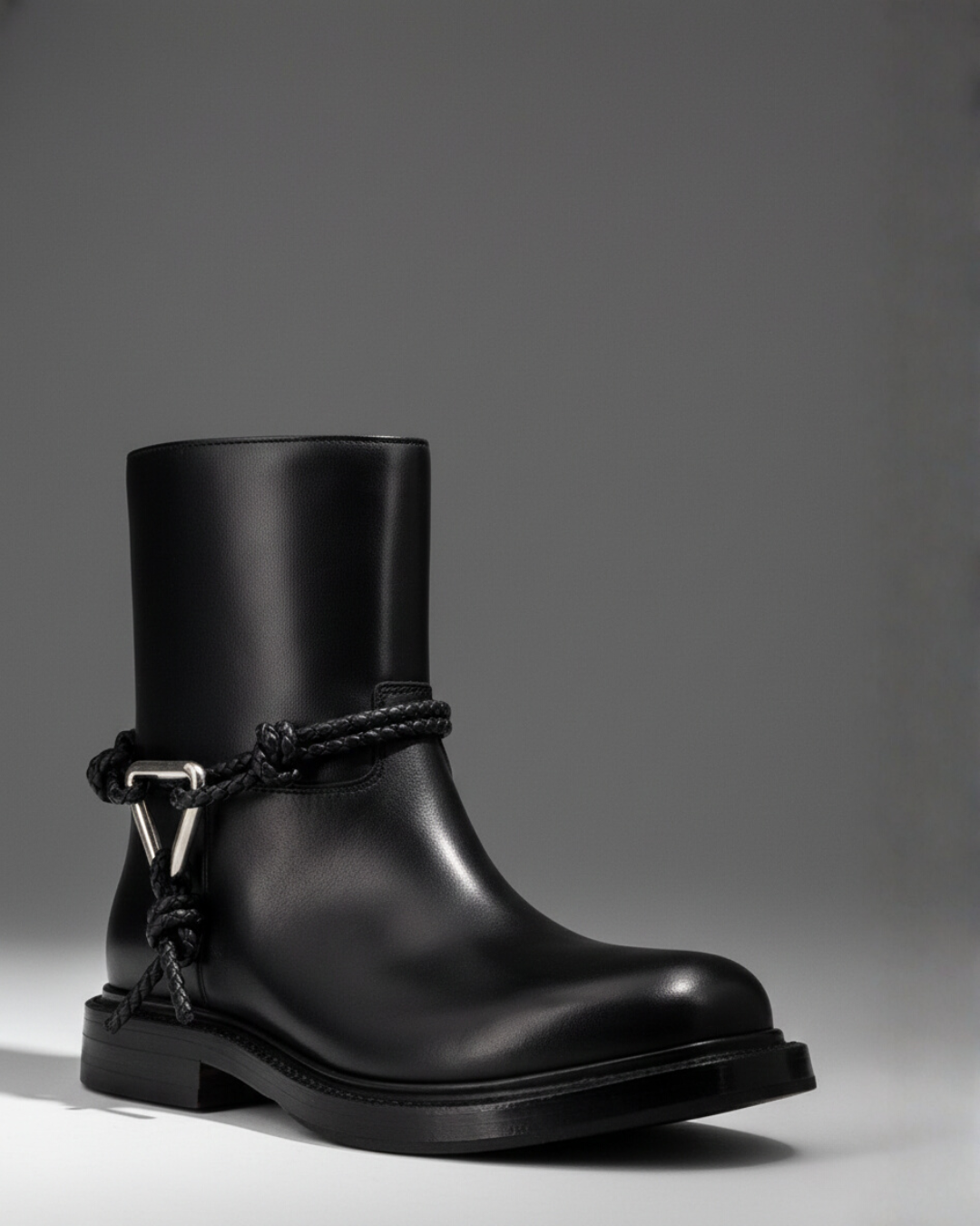 Black leather women’s ankle boots with braided strap and silver buckle, featured in THE WISHLINE Seasonal Offers collection.