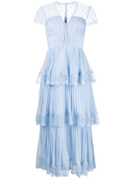 SELF PORTRAIT Blue Chiffon Tiered Midi Dress