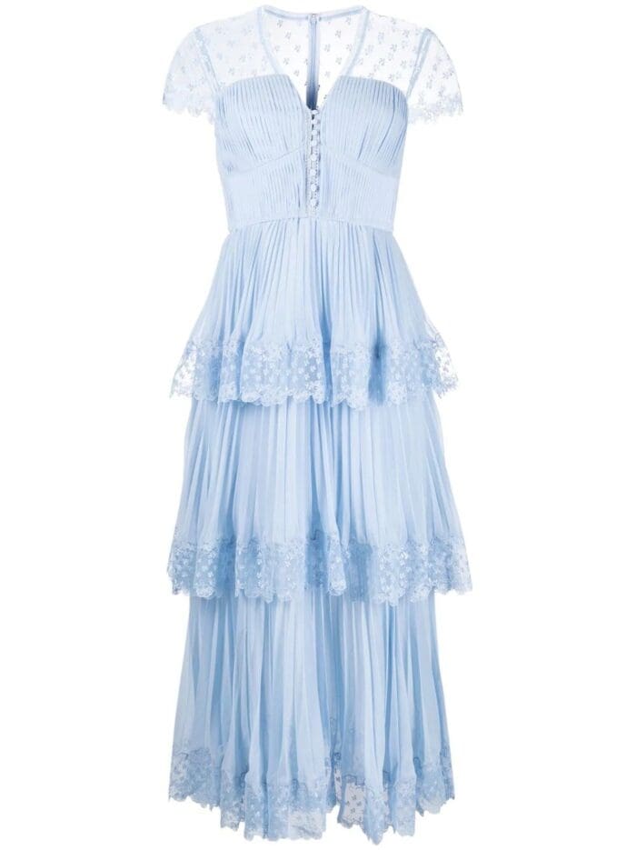 SELF PORTRAIT Blue Chiffon Tiered Midi Dress