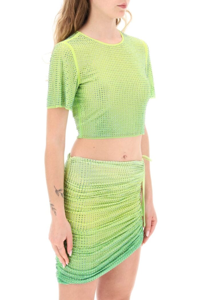 Self Portrait Cropped Top In Mesh With Crystals All-over