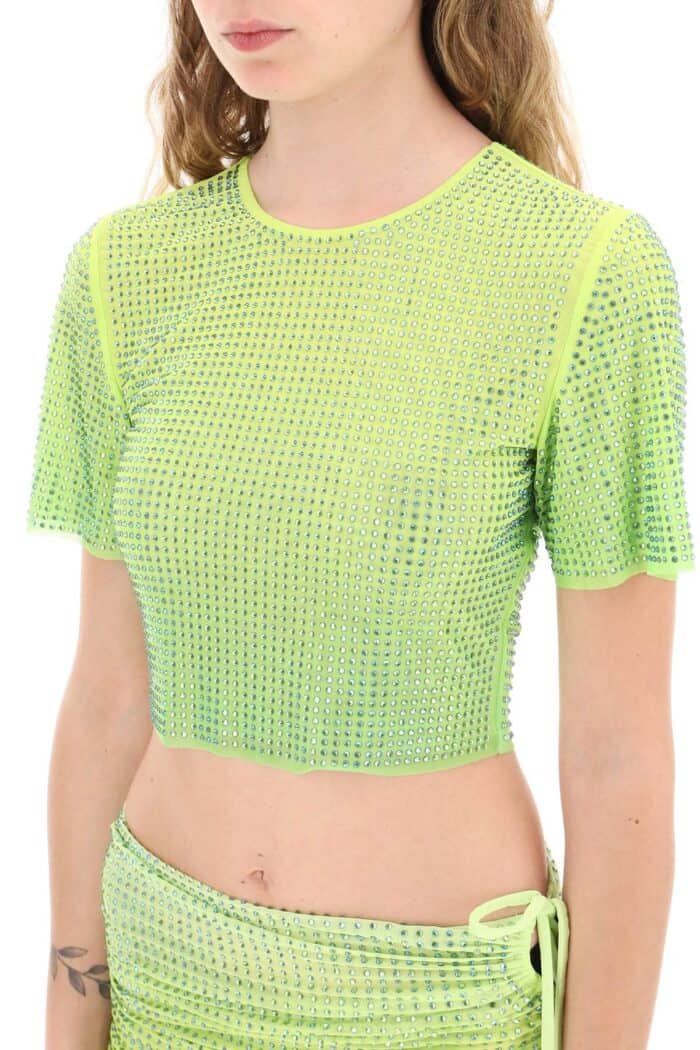 Self Portrait Cropped Top In Mesh With Crystals All-over