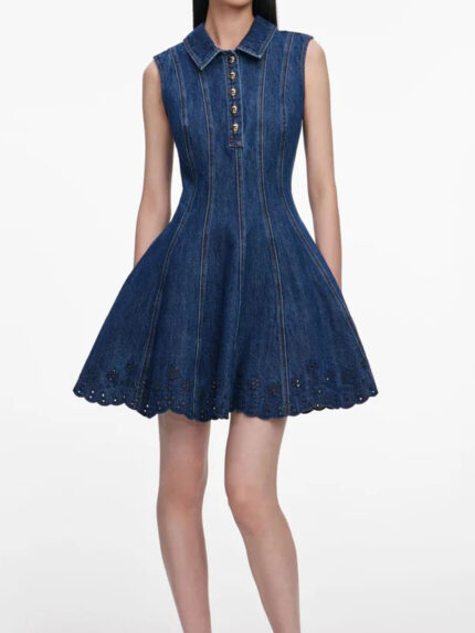 Self Portrait Denim broderie mini dress