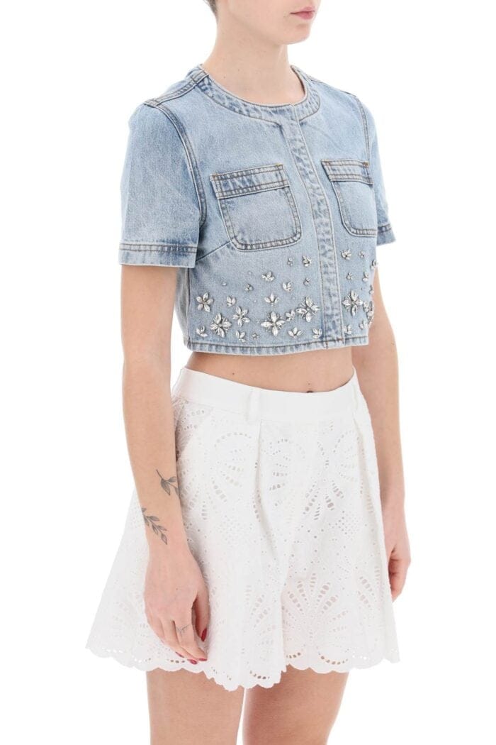 Self Portrait Denim Crop Top With Crystals Embellishments