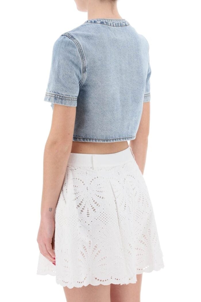 Self Portrait Denim Crop Top With Crystals Embellishments