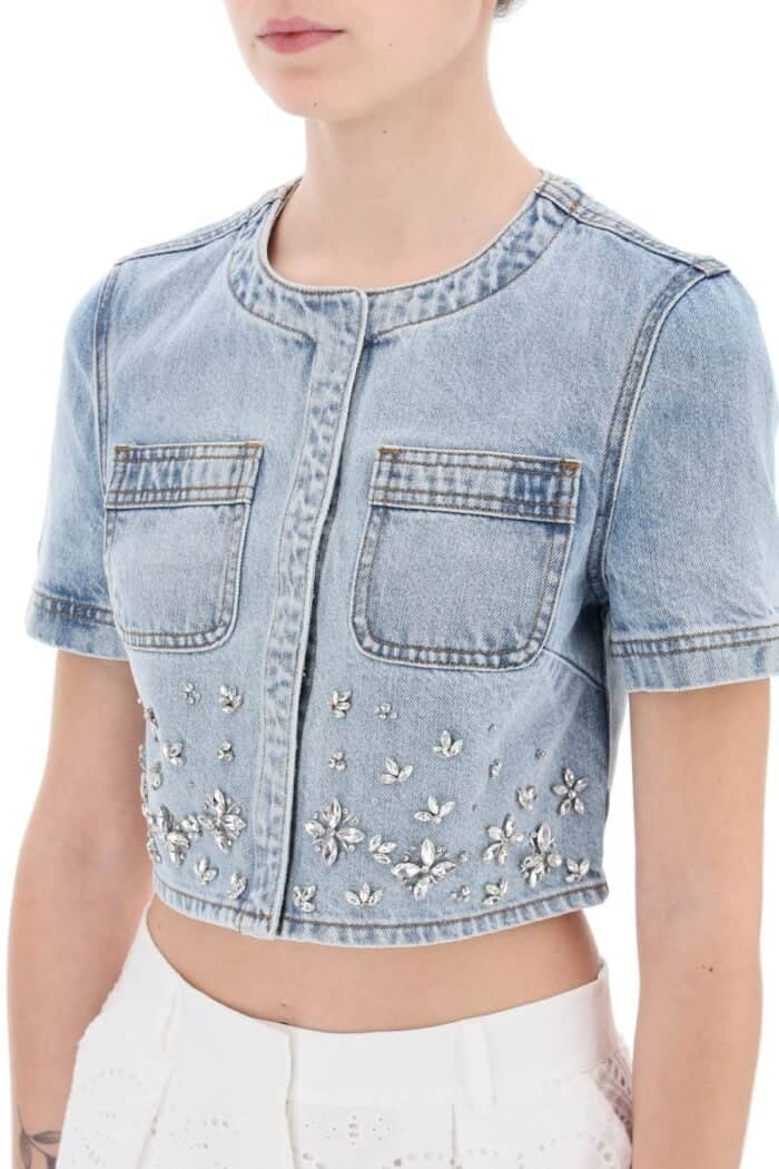 Self Portrait Denim Crop Top With Crystals Embellishments