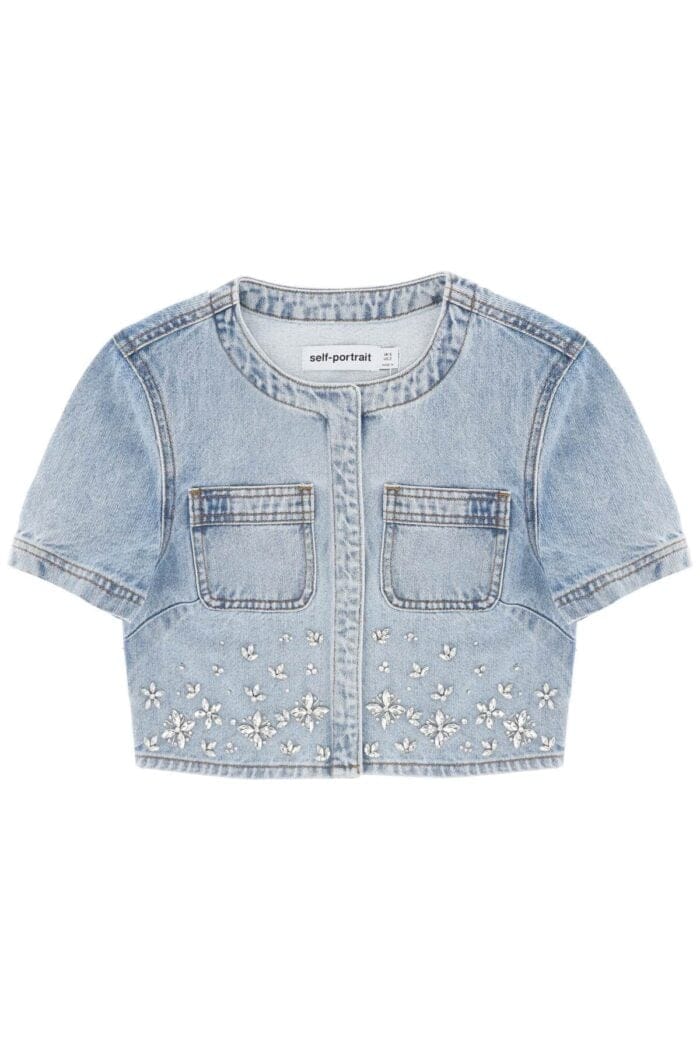 Self Portrait Denim Crop Top With Crystals Embellishments