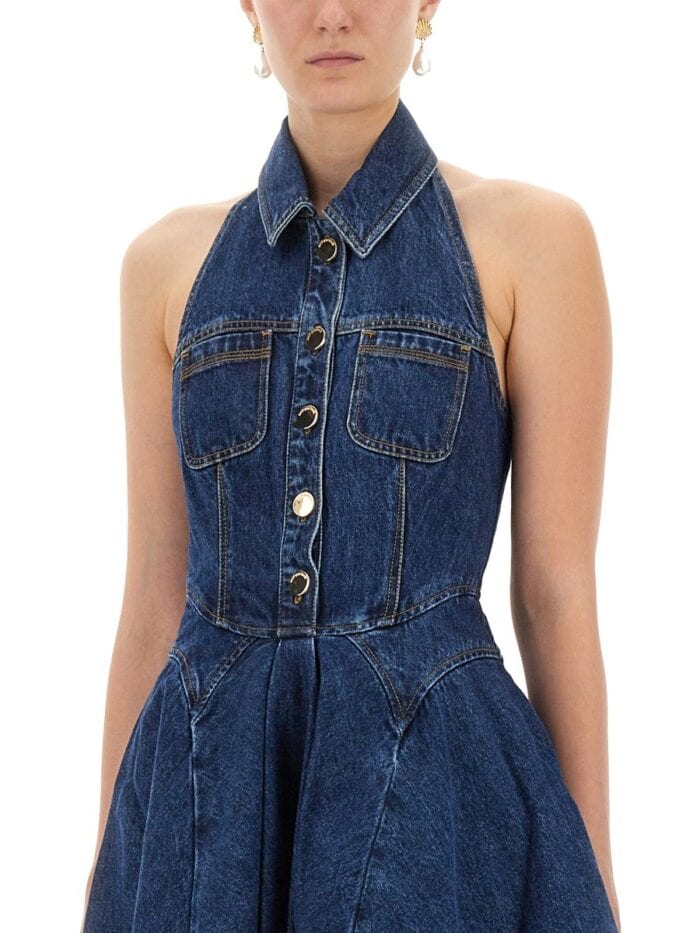 SELF-PORTRAIT DENIM FLARED MINI DRESS