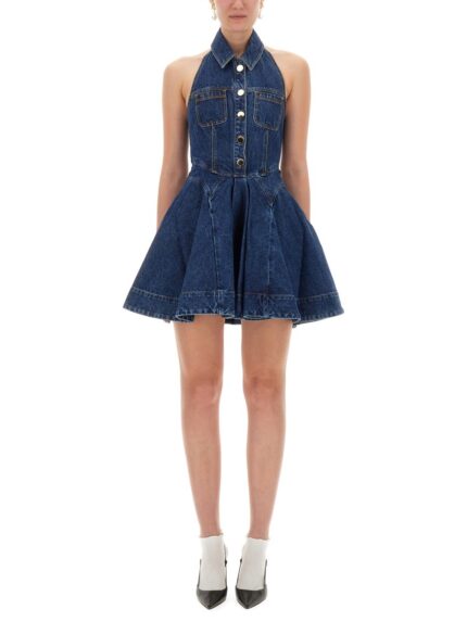 SELF-PORTRAIT DENIM FLARED MINI DRESS