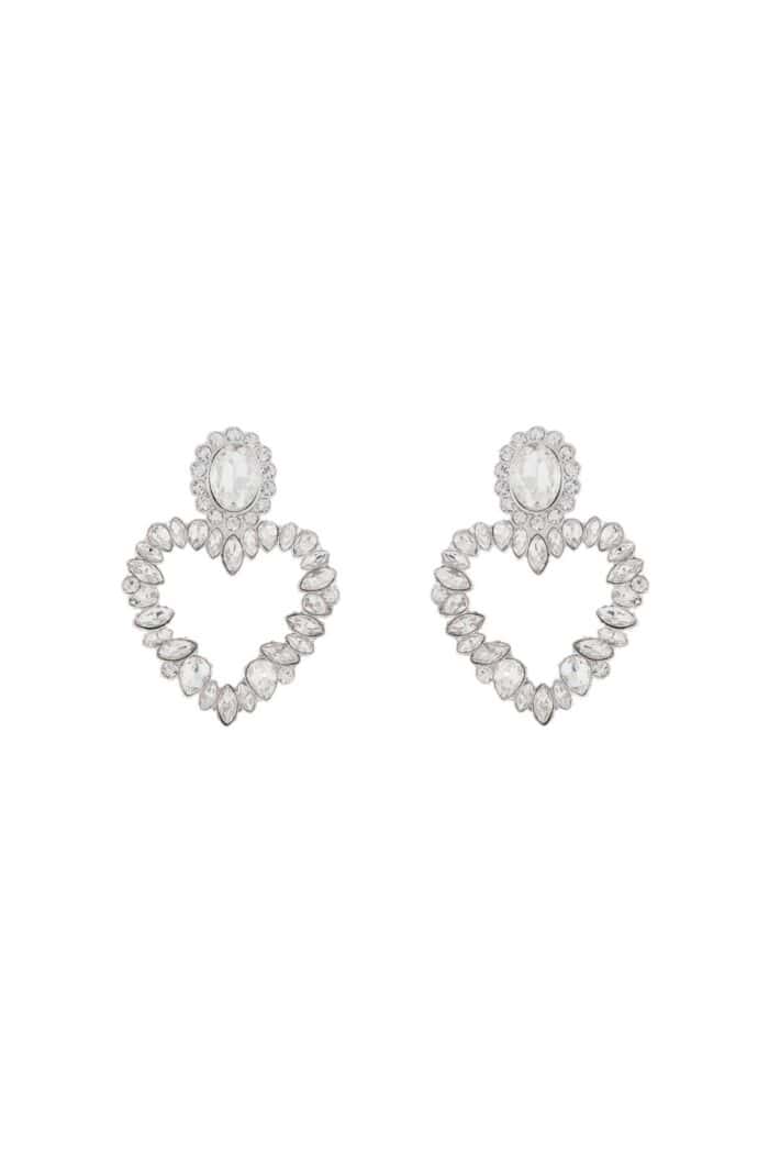 SELF PORTRAIT Heart-shaped Earrings With Floral Rhinestones And Central Oval Silver