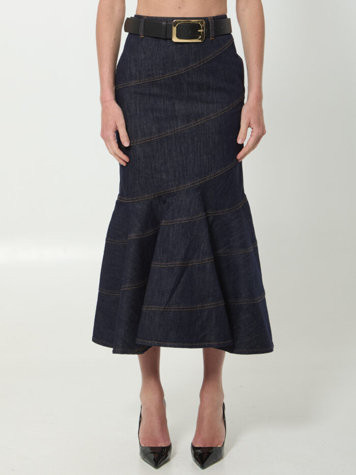Self Portrait Indigo denim belted midi skirt