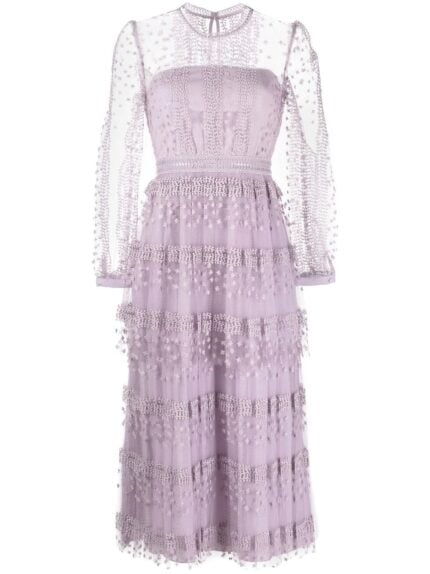 SELF PORTRAIT Lilac Tiered Lace Midi Dress