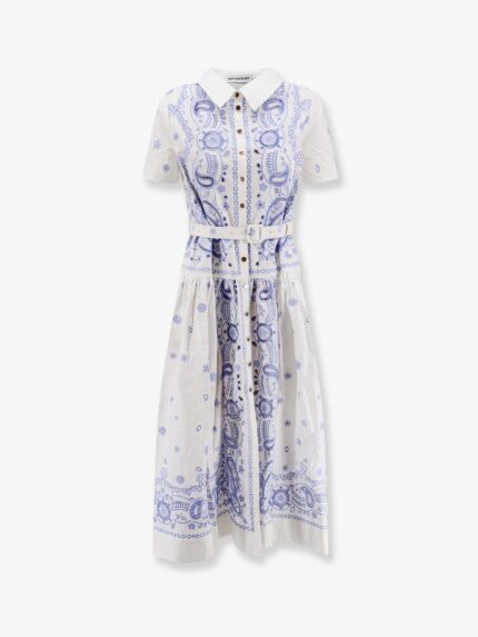 SELF PORTRAIT Long Cotton Dress With All-over Contrasting Embroidery
