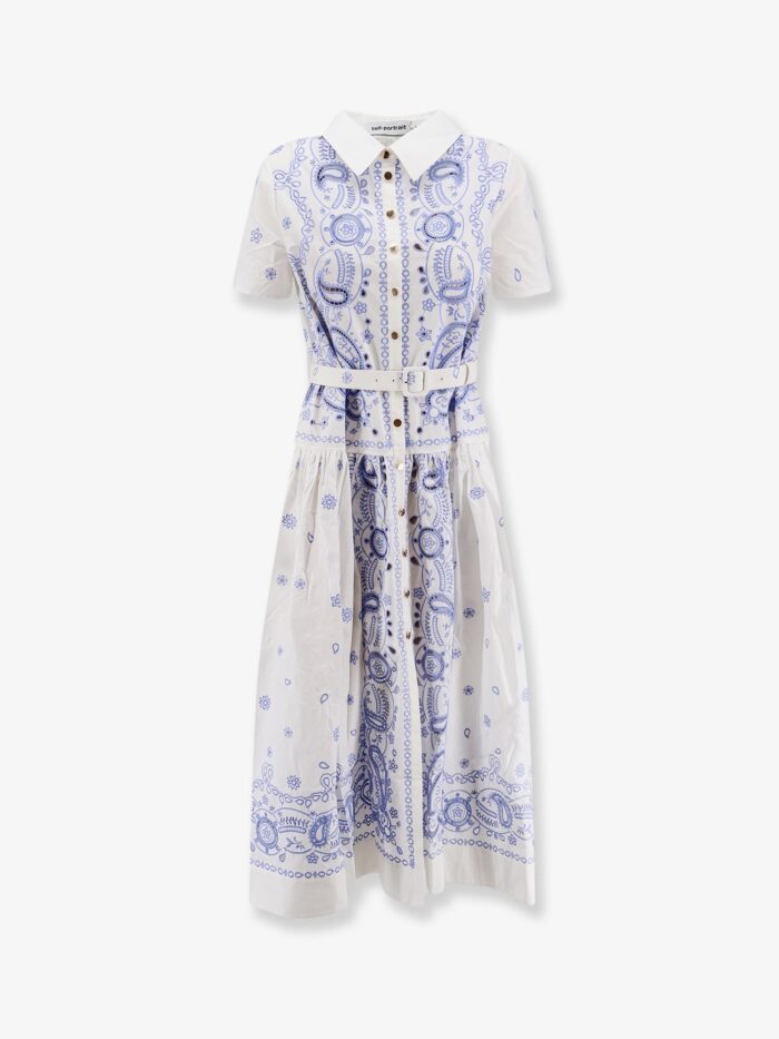 SELF PORTRAIT Long Cotton Dress With All-over Contrasting Embroidery