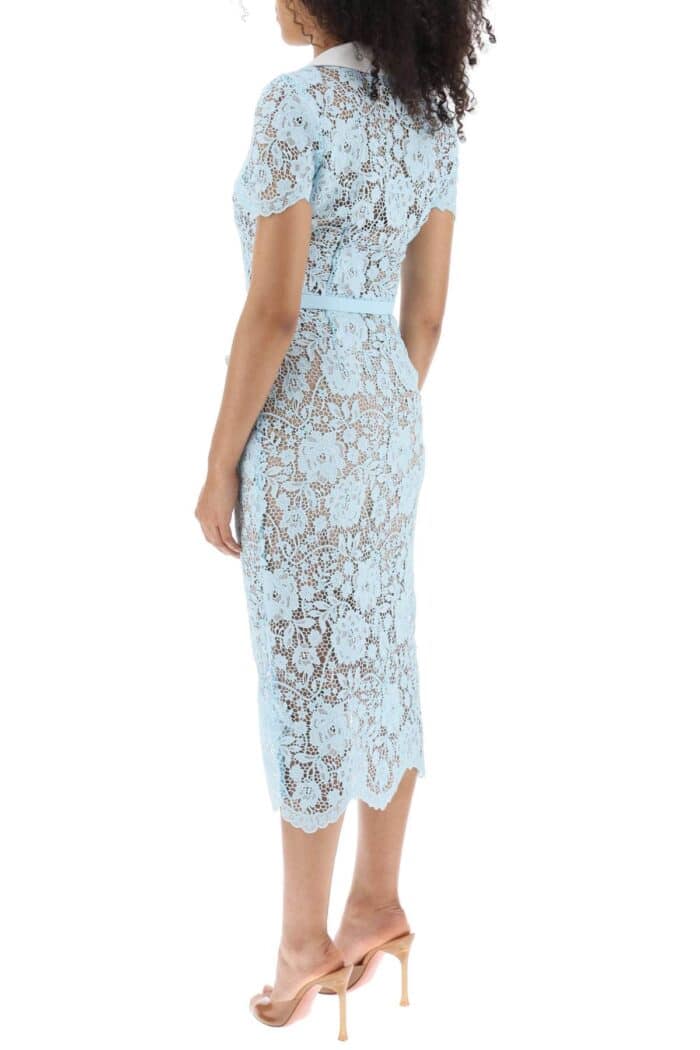 Self Portrait Midi Dress In Floral Lace With Contrasting Lapel And Jewel Buttons