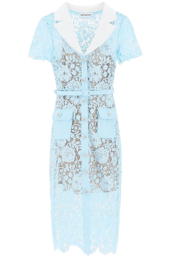 Self Portrait Midi Dress In Floral Lace With Contrasting Lapel And Jewel Buttons