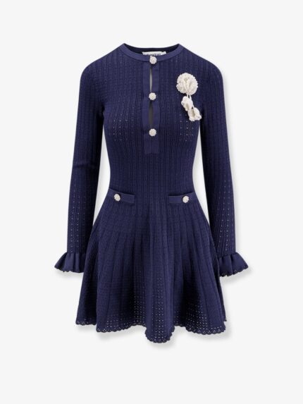 SELF PORTRAIT Perforated Knit Short Dress With Removable Lace Brooch