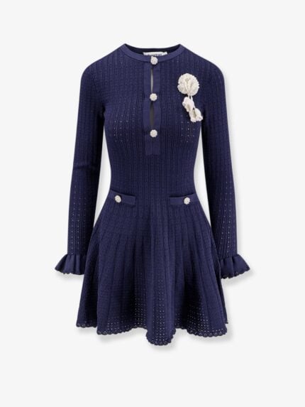 SELF PORTRAIT Perforated Knit Short Dress With Removable Lace Brooch