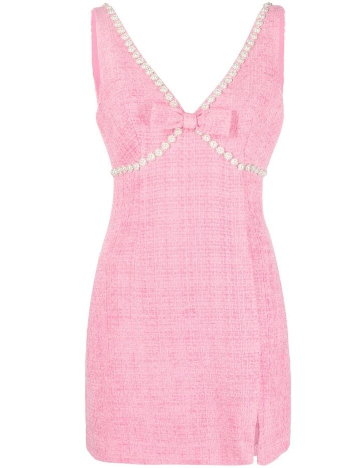 SELF PORTRAIT Pink Boucle V-neck Mini Dress