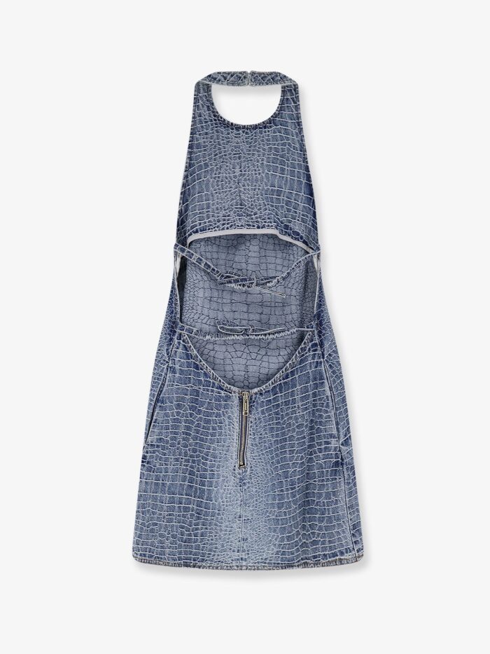 SELF PORTRAIT Rhinestone Croc Effect Denim Dress