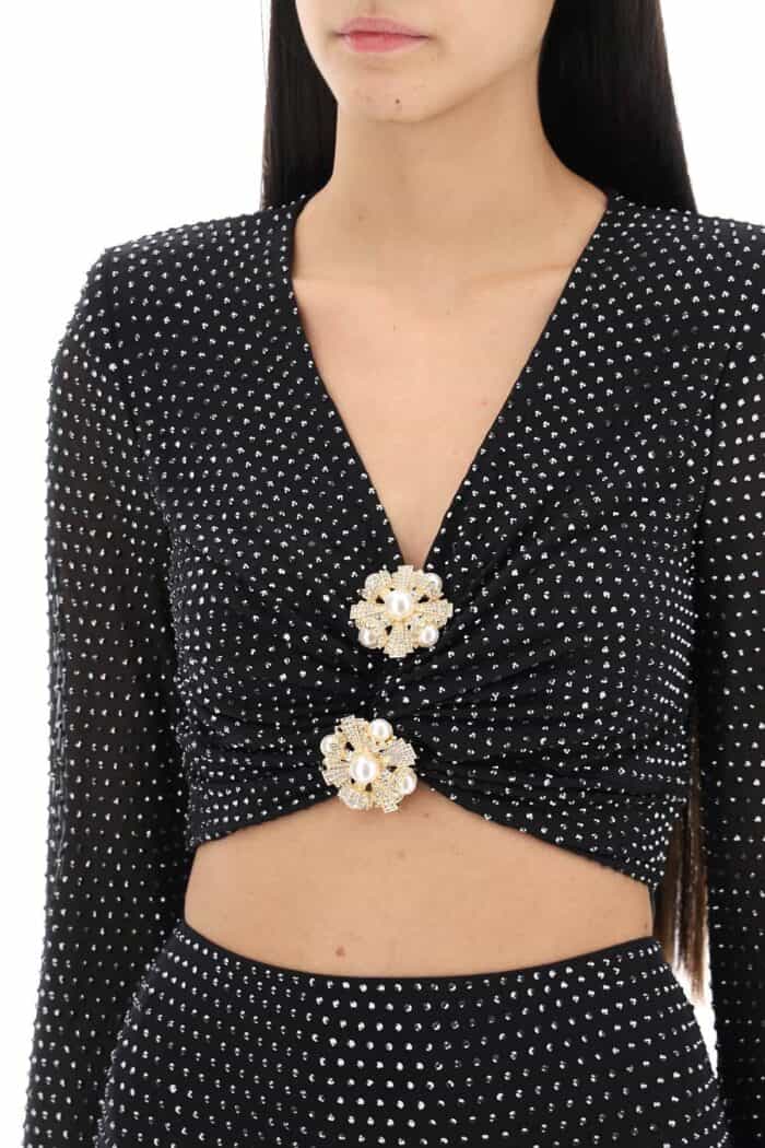 SELF PORTRAIT Rhinestone-studded Cropped Top With Diamant Brooches