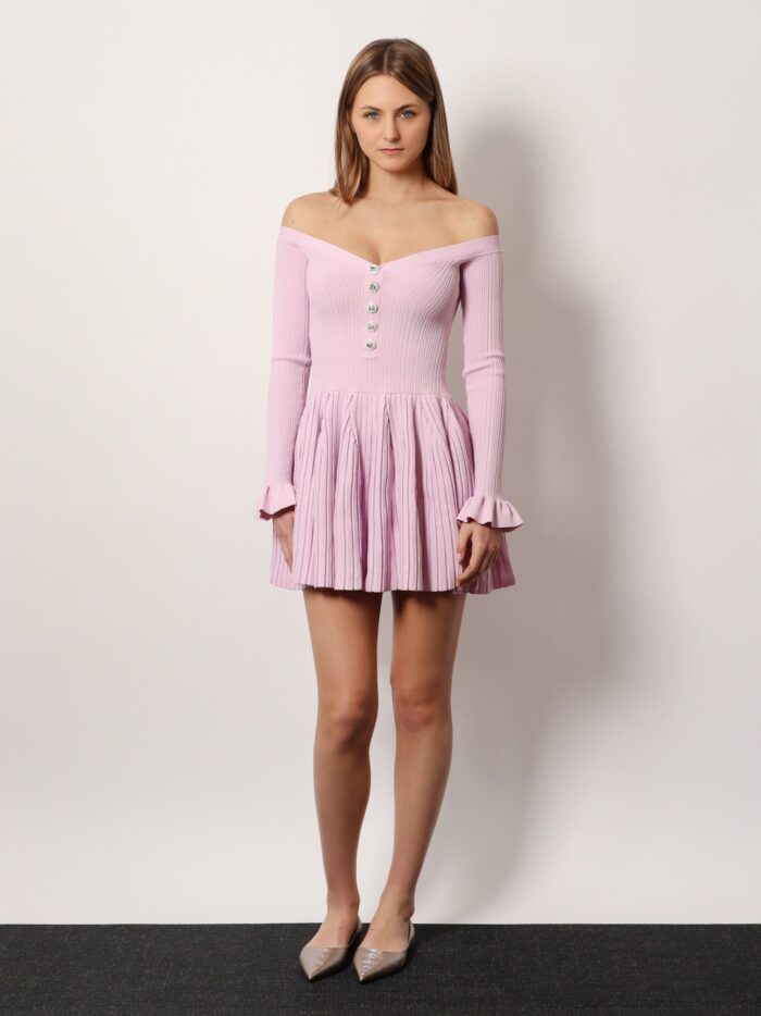 SELF PORTRAIT Ribbed Knit Mini Dress With Jewel Buttons