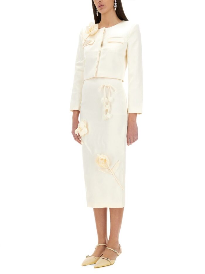 SELF-PORTRAIT SATIN MIDI SKIRT WITH 3D FLOWERS