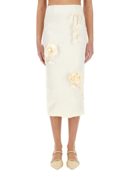 SELF-PORTRAIT SATIN MIDI SKIRT WITH 3D FLOWERS