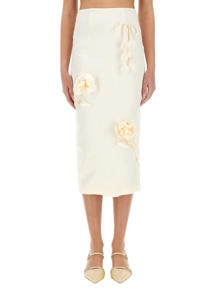 SELF-PORTRAIT SATIN MIDI SKIRT WITH 3D FLOWERS