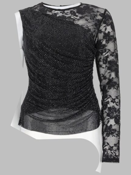 SELF-PORTRAIT TOP MONOSPALLA CON STRASS E PIZZO
